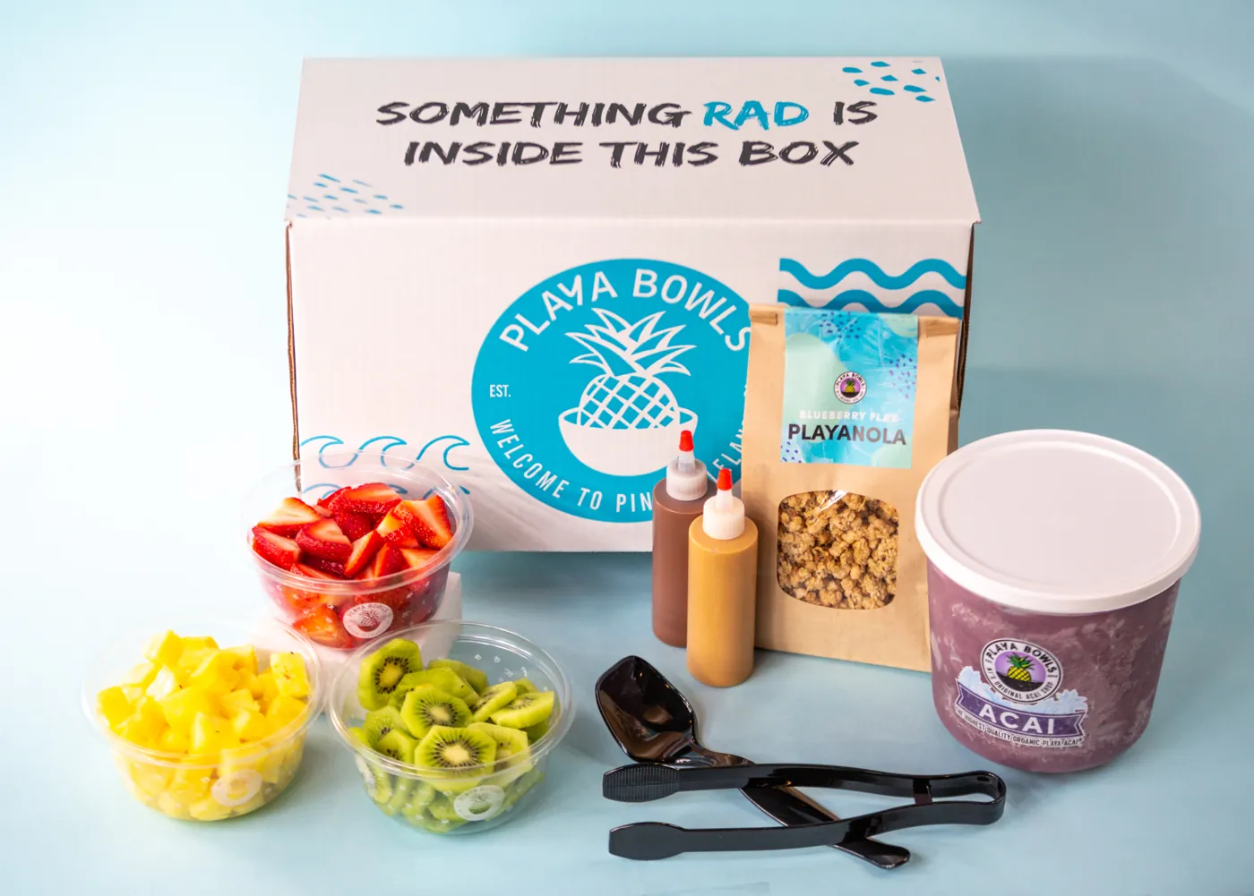 Bowl bar kit: açaí tub, Playanola granola, drizzles, cut strawberries, pineapple and kiwi, tongs and spoon